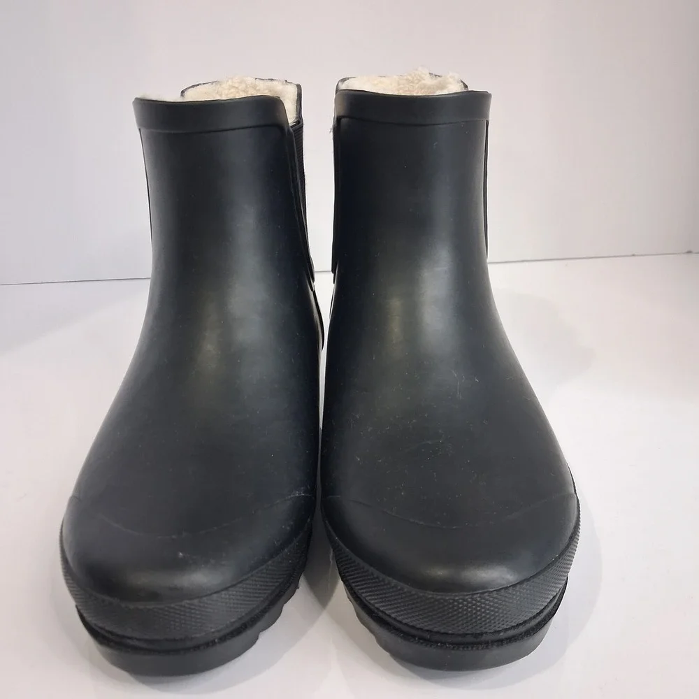 J.Crew Matte Black Rubber Chelsea Rain Boots Faux Shearling Lined Ankle‎ BD333 7